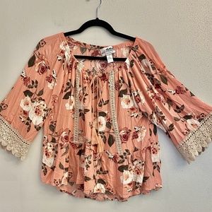 Back In The Saddle Top Blouse‎ Shirt Pink Lace Floral Women’s Size M